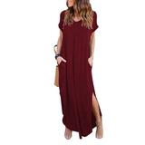 UKAP Women Casual Loose Pocket Long Dress Short Sleeve Split Maxi Dresses Summer Maxi Dress Ladies Baggy Loose Long Shirt Dress Lounge Wear