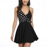 Women Retro Polka Dot Print Swimsuit Mesh Two Piece Tankini Swimdress Tankini Sling Top Set with Bottoms ( Black Dot, M )