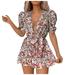 Randolph Women's Summer Fashion Casual Print Bubble Sleeve Sexy V-Neck Slim Belt Dress Outfits