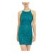 BCX Womens Teal Lace Sequined Solid Sleeveless Halter Short Shift Evening Dress Size 9