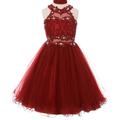 Big Girls' Sparkle Rhinestones Halter Lace Junior Bridesmaid Pageant Flower Girl Dress Burgundy 14 (C50C40C)