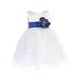 Lito Little Girls White Satin Organza Royal Blue Sash Flower Girl Dress