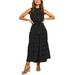 Avamo Womens Boho Maxi Floral Dress Summer Ladies Sleeveless Polka Dot Printed Waist Tie Dress Slim Fitting Black S(US 2-4)