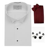 Wing Collar Tuxedo Shirt, Burgundy Cummerbund, Bow-Tie, Cuff Links & Studs Set