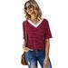 Women's Street Fashion Summer V-Neck Short-Sleeved Striped Splicing Casual T-shirt