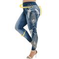 Women High Waist Imitation Denim Fake Jeans Floral Print Leggings Trousers