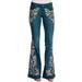 Vintage Ladies Plus Size Floral Embroidery Wide Leg Denim Pants Women Denim Jean Women Juniors 70s Trendy Slim Fit High Waist Flared Bell Bottom Denim Jeans Pants