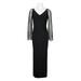 Cachet V-Neck Embellished Long Sleeve Zipper Back Gathered Side Jersey Mesh Dress-BLACK