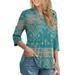 Women's Plus Size 3/4 Roll Sleeves Tunic Tops Paisley Floral Print V Neck Henley Shirts Casual Blouse Shirts for Women