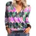 UKAP Women Blouse Long Sleeve Geometric Print T Shirt Casual V Neck Tunic Tops Pullover S-5XL