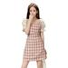 Jocestyle Splicing Chiffon A-line Dress Women Plaid Puff Sleeve Mini Dress (Pink S)