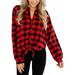 Womens Loose Buffalo Check Plaid Shirt Outerwear Ladies Turn-Down Collar Tie Front Knot Cardigan Blouses Stylish Long Sleeve Coat Top