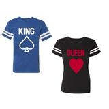 King Queen Poker Unisex Couple Matching Cotton Jersey style T-Shirt Contrasting stripes on sleeves (Men Royal / Women Black) (Men L / Women XL)