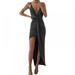 Women's Elegant Spaghetti Straps Deep V Neck Sleeveless Long Bodycon Party Dress - Gray