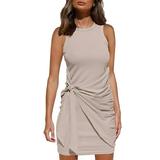 Sexy Dance Women Summer Casual T Shirt Dresses Beach Cover Up Plain Pleated Tank Bodycon Dress with Butterfly Straps Apricot XXL(US 20-22)