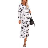 Women Autumn Print Dress, Long Sleeve Round Neck Split Hem Dress Loose Clothes (Wine Red, Purple, Black, Blue)