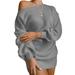 Women Lantern Sleeve Off Shoulder Sweater Dress, Oblique Shoulder Solid Color Knitted Dress