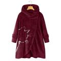 Women Printed Button Plush Tops Hooded Loose Cardigan Wool Coat Winter Jacket