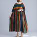 Meterk Vintage Women Cotton Linen Dress Striped Print O Neck Half Sleeve Pocekt Plus Size Loose Casual Dress