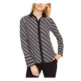 ANNE KLEIN Womens Black Striped Long Sleeve Collared Top Size S