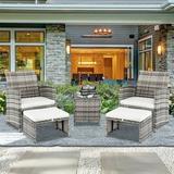 Outdoor Patio Furniture Sets 5 Piece Wicker Patio Bar Set 2pcs Arm Chairs 2 Footstools & Coffee Table Outdoor Conversation Sets for Backyard Lawn Poolside Garden Gray Rattan Beige Cushion W9499