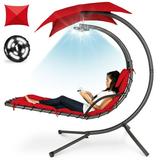 Best Choice Products Hanging LED-Lit Curved Chaise Lounge Chair for Backyard Patio w/ Pillow Canopy Stand - Red