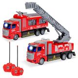 Best Choice Products 2-Pack Remote Control Fire Truck Toy RC Cars with LED Lights 2 Controllers for Kids & Boys