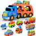 9 Piece Cars Toys for 1 2 3 4 5 Year Olds Toddler Kids Boys and Girls Big Carrier Trucks with 8 Small Cartoon Pull Back Cars Colorful Assorted Vehicles Playset Transport Truck with Sound and Light