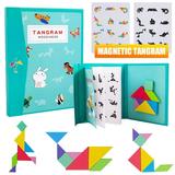 Amerteer Wooden Tangram Magnetic Puzzle for Kids - Shape Pattern Blocks Activity Cards Jigsaw Travel Game - Montessori Educational Toys Brain Teaser Gift for Toddlers Preschool