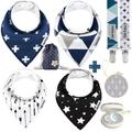 Dodo Babies Baby Bandana Drool Bib Set - 4pc Infant Bibs with 2 Pacifier Clips Binky Case Gift-Ready Bag - Soft Absorbent Cotton with Polyester Back - Adjustable Buttons to Fit 3-24 -Month Old Boys