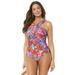 Plus Size Women's High Neck Wrap One Piece Swimsuit by Swimsuits For All in Red Floral (Size 20)