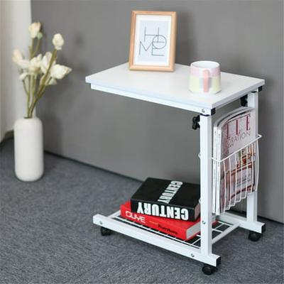 Height Adjustable Sofa Side Table Wheel Mobile Computer Desk With Storage Basket 