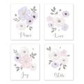 Lavender Purple Pink Grey and White Wall Art Prints Room Decor for Baby Nursery and Kids for Watercolor Floral Collection by Sweet Jojo Designs - Set of 4 - Peace Love Joy Bliss