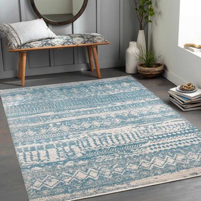 Fatsa 6'7" Round Washable Moroccan Blue/Gray/Light Gray Washable Area Rug - Boutique Rugs