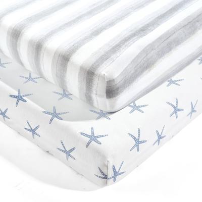 Seaside Starfish Organic Cotton Fitted Crib Sheet Blue 2Pk 28x52x9 - Lush Decor Baby 16T007315