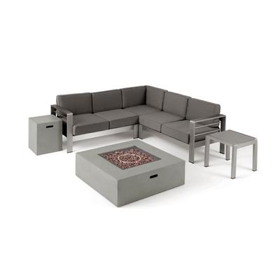 Cape Coral Outdoor 5 Seater Aluminum Chat Set with Fire Pit by Christopher Knight Home