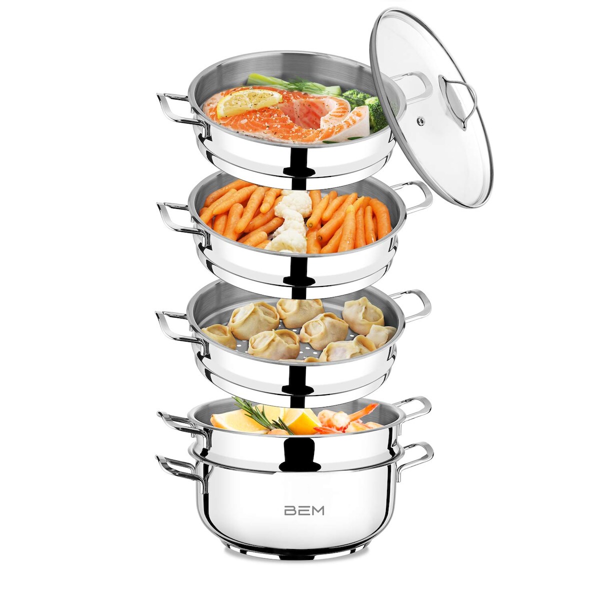 BEM Dampfkocher 6-tlg. 28 cm aus Edelstahl 18/10 mit Glasdeckel, NICHT induktionsgeeignet Image