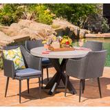 Nyla Outdoor 5-Piece Round Wicker Light Weight Concrete Dining Set with Cushions by Christopher Knight Home