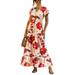 Sexy Dance Vintage Floral Print Maxi Dress Women Elegant V Neck Button Down Short Sleeve Tunic Dress Red (Flower) L(US 10-12)