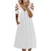 New Women's Long Dress Solid Color Dress Off Shoulder Dress Zipper Dress V Neck Short Sleeve Dress Casual Skirt Loose Dress