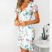 New Women's Casual Sexy Deep V Neck Backless Flounce Hem Flowers Short Sleeve Bodycon Dress