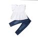 Toddler Baby Girl Ruffle T Shirts Dress Pearl Denim Jeans Pants Outfit Clothes Set