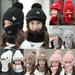 Besufy Adult 3Pcs/Set Women Winter Knitted Hat Pompom Beanie Warm Scarf Anti Haze Face Cover White