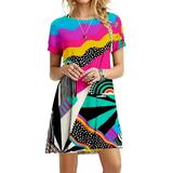 UKAP Summer Casual Dress for Trendy Women Abstract Funny Print Short Sleeve Tunic Graphic Skating Swing Dress