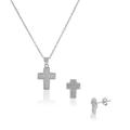 925 Sterling Silver White Clear CZ Religious Cross Pendant Stud Earrings Set, 18"