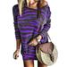 Jocestyle Women Striped Printing Off Shoulder Dress Long Sleeve Dresses (Purple S)