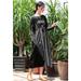 Vintage Women Dress Solid Color Cotton Pleated Pockets Long Sleeve Maxi Gown Loose One-Piece