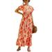UKAP Women Holiday Beach Summer Dress Bardot Button Waistband Floral Printed Boho Long Dresses S-XXL Orange (Flower) L(US 10-12)