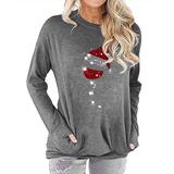 Women's Pocket Sweatshirt Red Wine Glass Christmas Hat Printed Round Neck Batwing Long Sleeve T-shirt