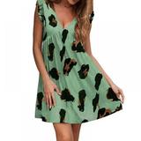 Norbi Ladies V-Neck Leopard Print Ruffled Short-Sleeved Dress Green M Size